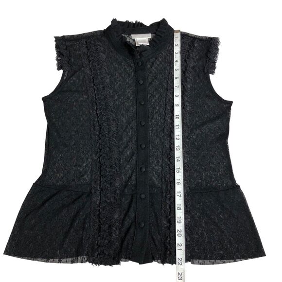 Y2K Worthington Top Womens M Black Sheer Lace Button Ruffle Neck Whimsigoth Goth - Picture 8 of 9